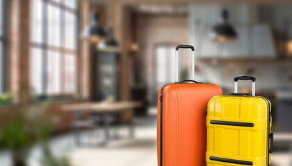 Set of travel bags, rolling suitcase in room