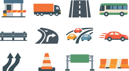 Flat vector icons of busy highway: toll booth, cargo truck, multi-lane road, passing bus, guardrail line, exit ramp, traffic wave