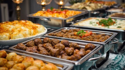 Fototapeta premium Delicious buffet with assorted meatballs and cabbage rolls in chafing dishes.