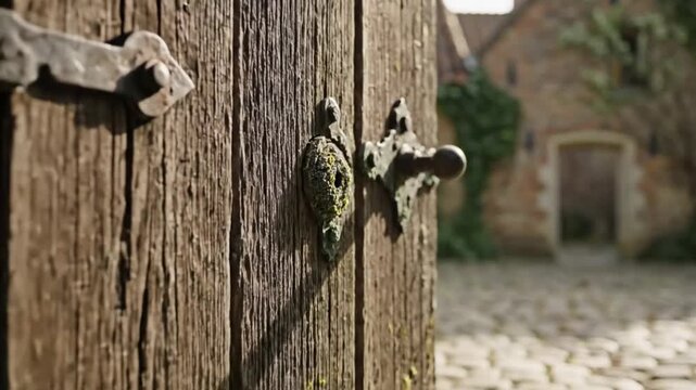 Weathered wooden door opens to a cobblestone courtyard of a medieval brick building on a sunny day