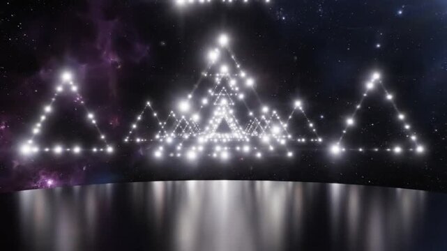 Futuristic abstract stage design with bright triangular lights set against a cosmic starry background reflecting on a reflective floor