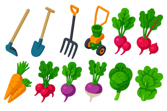 Vibrant Garden Tools. Isometric vector illustration set featuring tools and plants: digging hoe, edging spade, broadfork, seed
