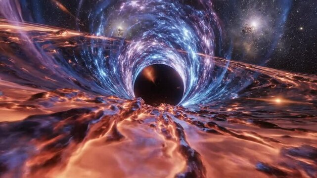 Epic visualization of a swirling black hole devouring space and time within the vast cosmos