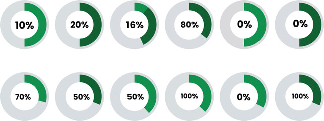 Collection of various percentage charts for data visualization, progress tracking, and statistical representation in a clean, modern infographic style