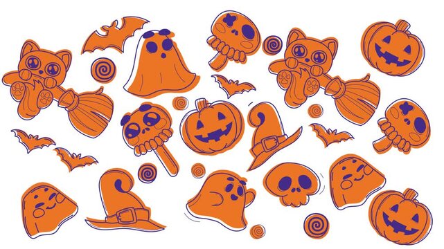 A whimsical Halloween-themed seamless loop featuring adorable festive icons&mdash;including playful ghosts, glowing pumpkins, spooky skulls, and charming witch&rsquo;s cats. 