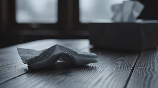 Single tissue falls onto a wooden table in a dimly lit room, conveying a sense of sadness or sickness.