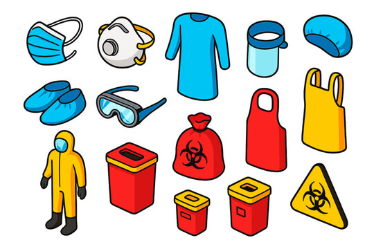 Healthcare Tools Icons. Isometric vector illustration set First Aid and Healthcare Tools: surgical mask, N95 respirator,