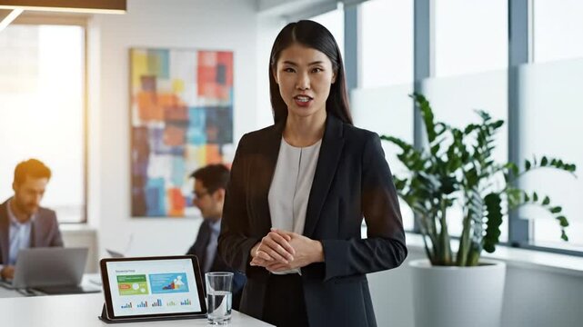 Confident businesswoman presents financial data, explaining exceeding performance metrics, in a modern office environment