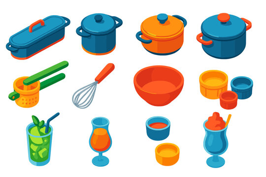 Vibrant Kitchenware Icons. Isometric vector illustration set Kitchen and Dining Elements: fish poacher, stockpot with lid, braiser