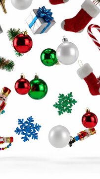 Christmas Ornaments and Decorations Falling and Floating in the Air, Festive Holiday Background
