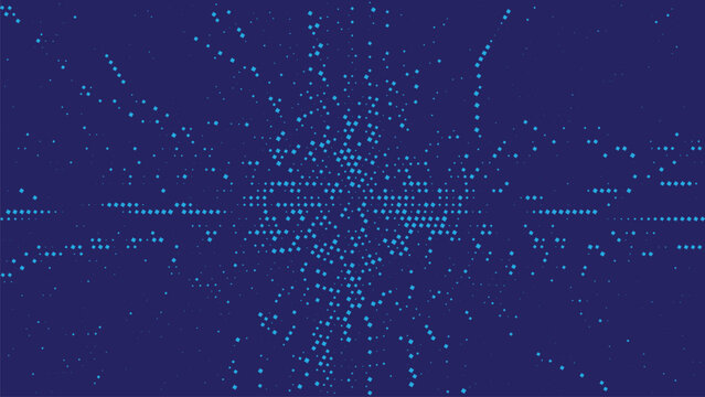 Abstract dark blue pixel burst background with glowing square particles, futuristic digital explosion texture for technology and data visuals