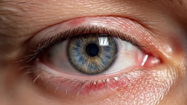 Blinking blue eye with blepharitis inflammation macro shot showing irritated eyelid and cornea detail