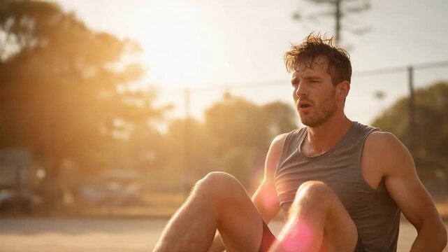 Tired athlete breathing heavily and resting after an intense workout session during a summer sunset outdoors