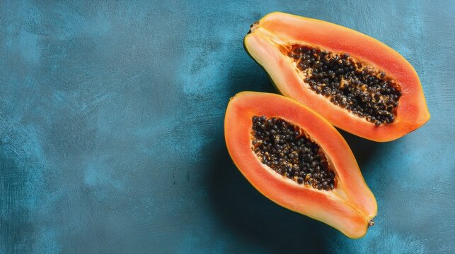 Ripe papaya halves on blue background highlighting vibrant orange flesh and seeds.