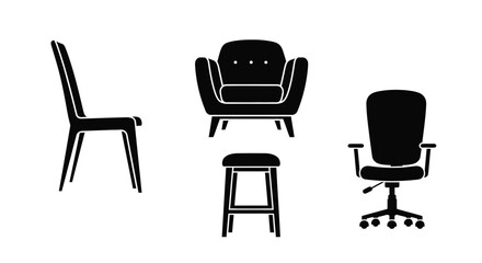 Fototapeta premium Black furniture set including chairs stool and office chair silhouette