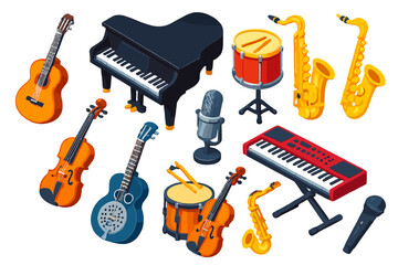 Vibrant Musical Icons. Isometric vector illustration set music instruments: flamenco cutaway guitar, upright grand piano, floor