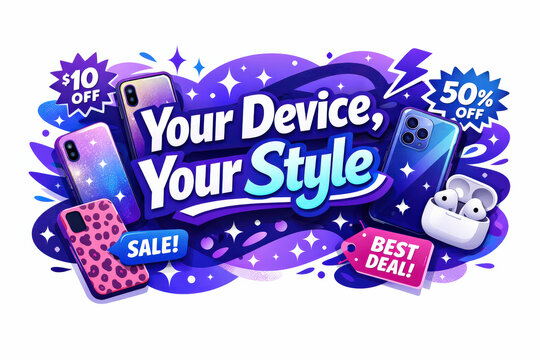 Your Device, Your Style banner with phones, earbuds, sale tags, stars, and sparkles.