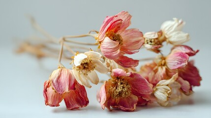 A bunch of dried up flowers are arranged in a row