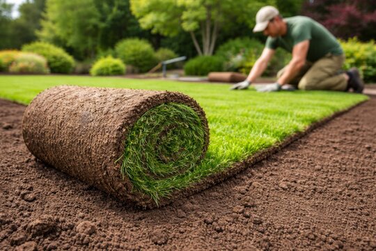 Gardener installing roll out sod turf lawn