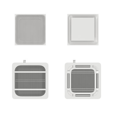 Top view of four different white square ceiling air conditioner vents