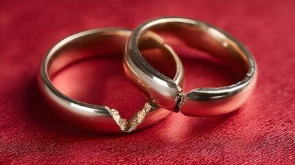 Two gold wedding rings with a broken band