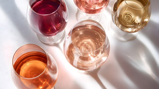 A row of wine glasses, each with a different color, are lined up on a table