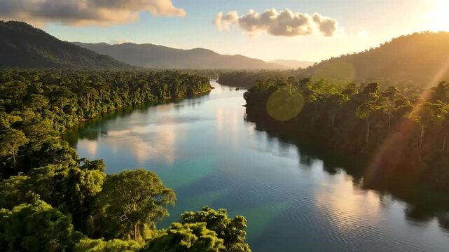Scenic aerial shot of a tropical river surrounded by lush green rainforest and mountains at sunset with sun rays.