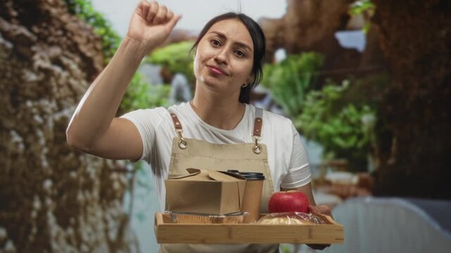Woman waitress in apron holding a wooden tray with takeout boxes, coffee cup and apple, raising one hand in a green forest park scene; duty.