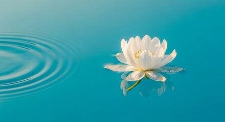 Serene white lotus flower floating on calm blue water with ripples symbolizing peace and tranquility in nature
