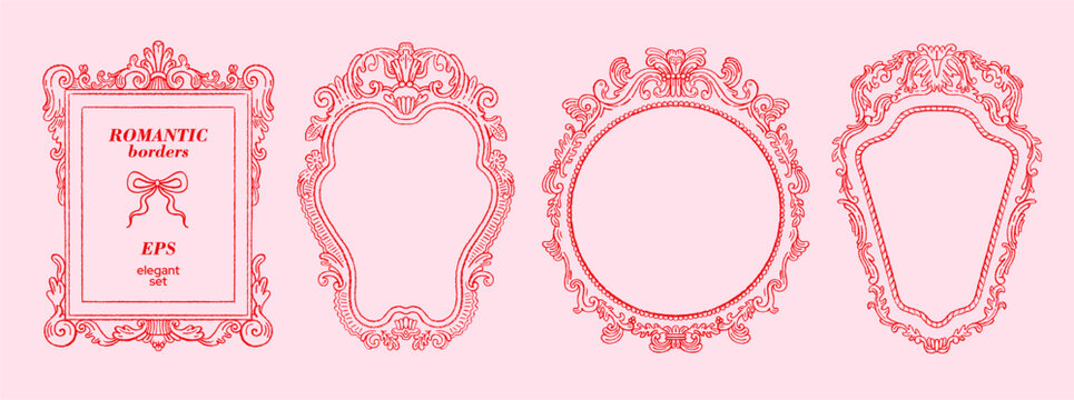 Frame for Valentine's day or Mother's day. Lace antique border with bow, heart, ribbon, lace. Cute vintage whimsical frame for menu, invitation, mirror, photo, picture. Antique love Valentine day bg