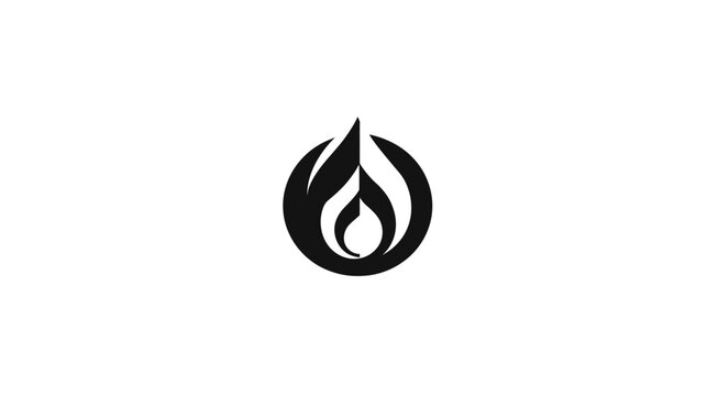 A monochrome illustration features a stylized flame symbol within a circular frame on a white backdrop