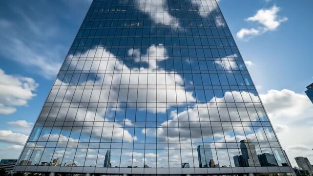 Low angle view of modern architectural glass skyscraper reflecting blue sky and fluffy white clouds on a sunny day