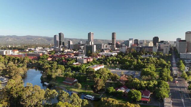 North Adelaide, South Australia: 4K Aerial Drone Footage of City Skylines, CBD, Towers, Parklands, Suburban Houses, Residential Estates, City Landscape at Sunset