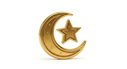 Golden crescent moon symbol with star islamic emblem crescent shape gold color star inside religious icon cultural symbol metallic shine white background spirituality faith