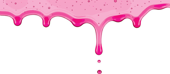 Fototapeta premium Pink liquid dripping from the top edge with splashes and droplets on a plain background viewed from a straightforward angle
