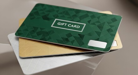 Stack of gift cards in green gold and white on a table with a clear plastic wrapper