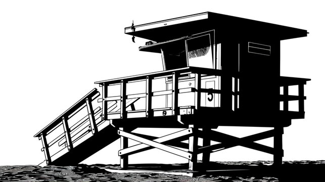 A black and white lifeguard station on stilts with a ladder reaching the shore