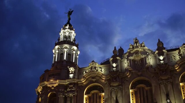 Historic architecture of the National Capitol Building and the Great Theater in the city of Havana Cuba