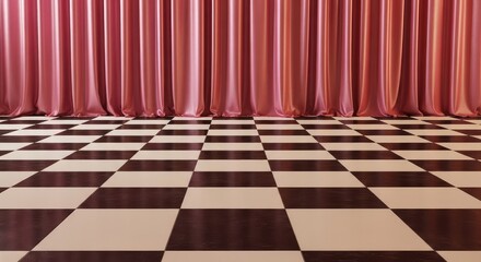 Black and white checkered floor with red curtains interior design background empty room stage or theater setting with shiny floor tiles