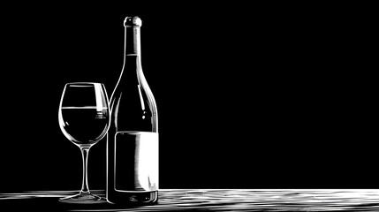 Illustration of a wine bottle and a glass filled with wine on a table, black background