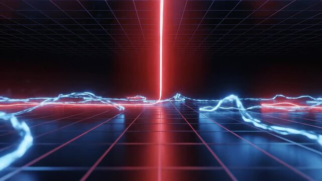 Neon light patterns on grid floor