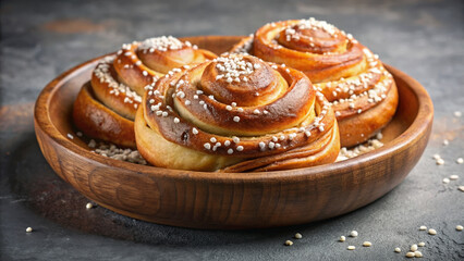 Freshly Baked Kanelbullar with Sugar on Wooden Plate for Food Blogs, Baking Websites, Dessert Menus, Culinary Articles, and Bakery Social Media Content