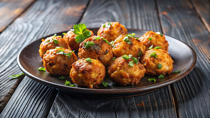 Conch Fritters on a Black Ceramic Plate with Fresh Herbs for Food Blogs, Restaurant Menus, Seafood Recipes, and Culinary Content