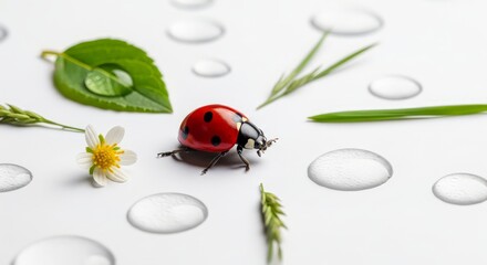 Red ladybug surrounded by water droplets green leaves and small white flower on a white background with soft natural lighting