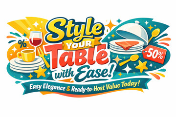 Colorful banner with text, a cup, wine glass, cloche, and -50% icon.