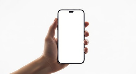 Hand holding modern smartphone with blank white screen against plain white background soft natural lighting isolated device mockup for app or website design