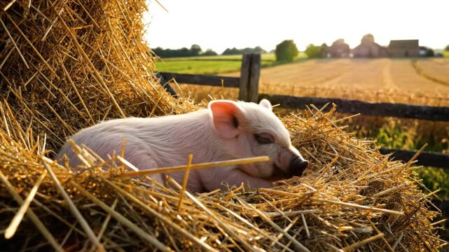 Cute piglet taking a nap in a haystack on a sunny summer day on a farm near the fence with the buildings in the distance