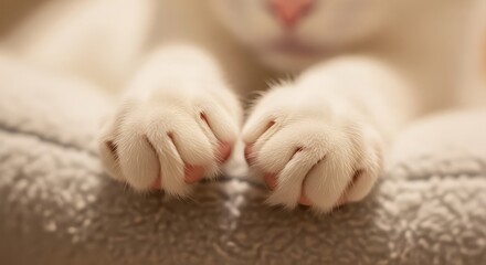 Close up of white cat's paws resting on soft beige blanket pink nose and claws visible warm lighting