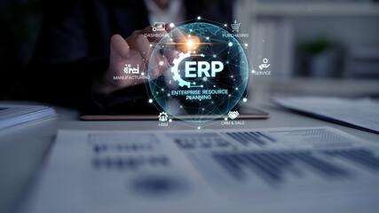 Naklejka premium ERP platform visual showing centralized system for enterprise resource planning, improving integration, data flow, business efficiency, finance, inventory, and human resources. Spline