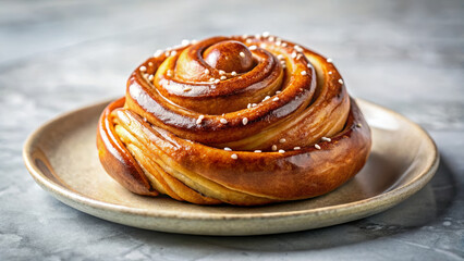 Swedish Kanelbullar Cinnamon Bun on Neutral Plate for Food Blogs, Baking Websites, Dessert Menus, Scandinavian Cuisine Articles, and Social Media Food Content